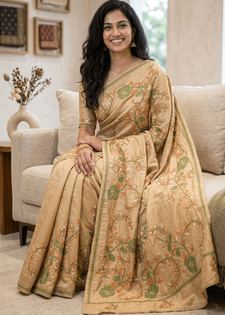 VanaLata Kantha Stitch Saree in elegant beige-gold cotton silk blend with handcrafted floral vine embroidery, artistic pallu detailing, and Bengal handloom craftsmanship ideal for festive and contemporary ethnic wear.