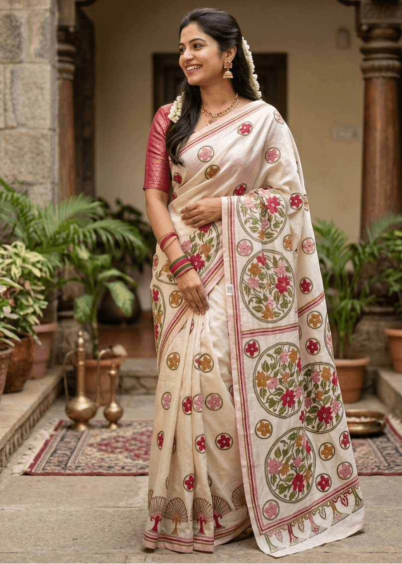 Elegant ivory PushpRagini Kantha Saree featuring intricate multicolour handcrafted floral embroidery with artistic medallion motifs and detailed pallu work. Premium Bengal handloom saree ideal for festive occasions, cultural events, office elegance, and timeless ethnic fashion