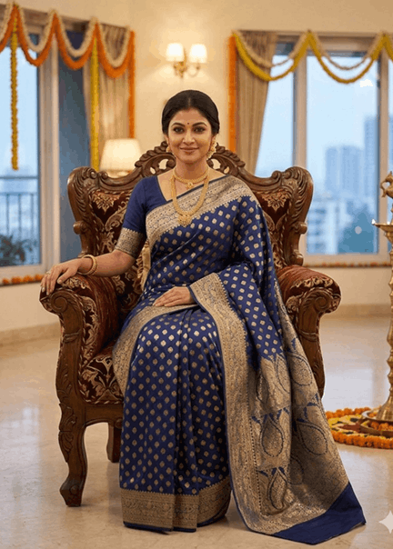 A woman wearing a beautiful navy blue Banarasi Silk Saree with intricate golden zari work