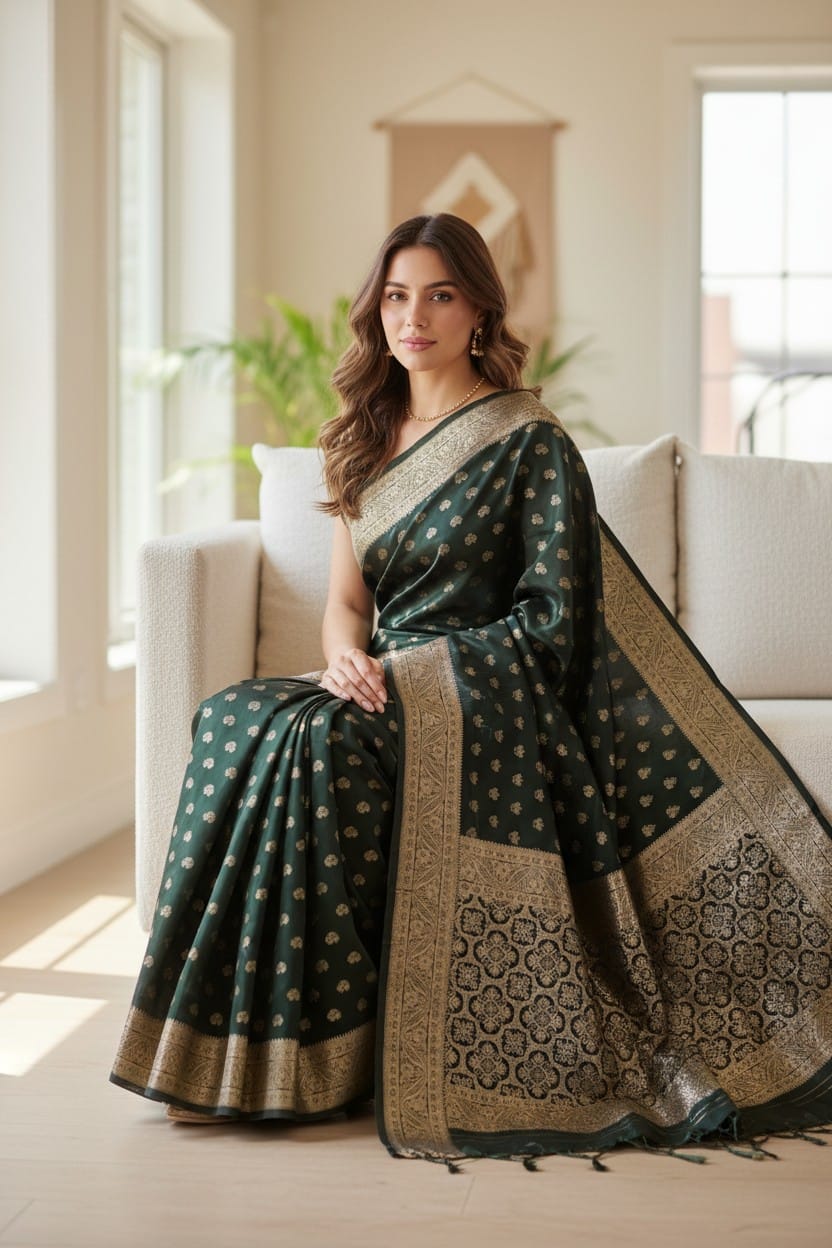 A woman wearing a dark green banarasi silk saree with gold zari work, sitting on a couch in a bright room.