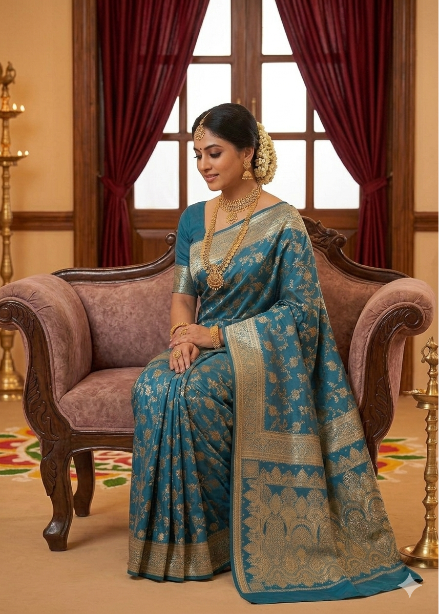 A Woman in a beautiful Teal blue Banarasi Silk saree with gold Zari patterns sitting on a sofa 