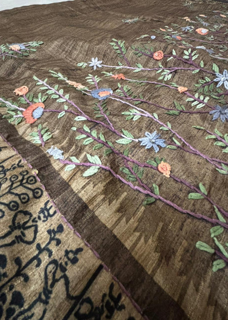 Traditional Indian Kantha stitch saree with floral motifs and woven border 