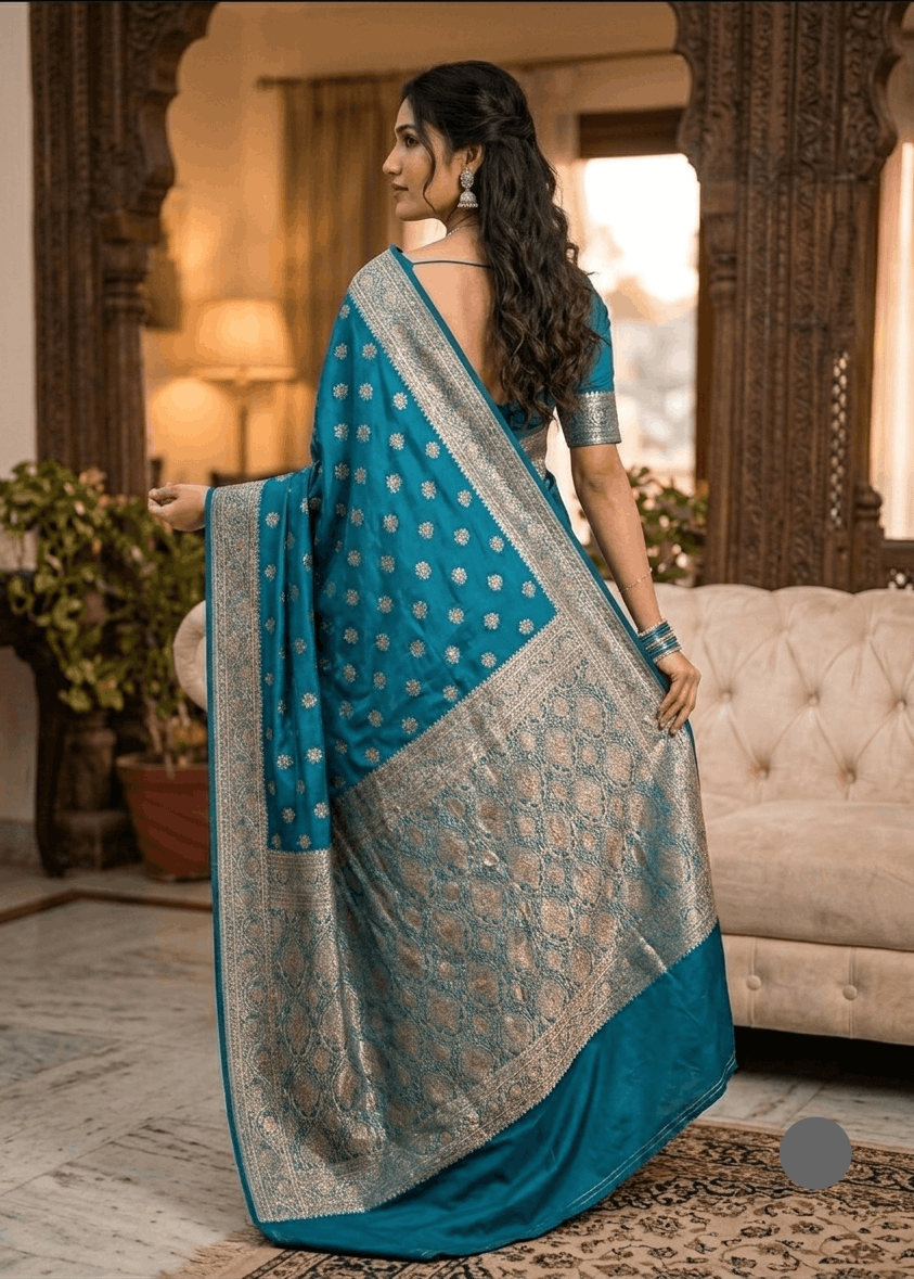 Teal Blue Floral Jaal Banarasi Silk Saree with Heavy golden Zari Pallu -  "Six Yards of Liquid sunlight & Tradition"