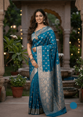 Teal Blue Floral Buti Banarasi Silk Saree with heavy golden zari pallu draped elegantly on model