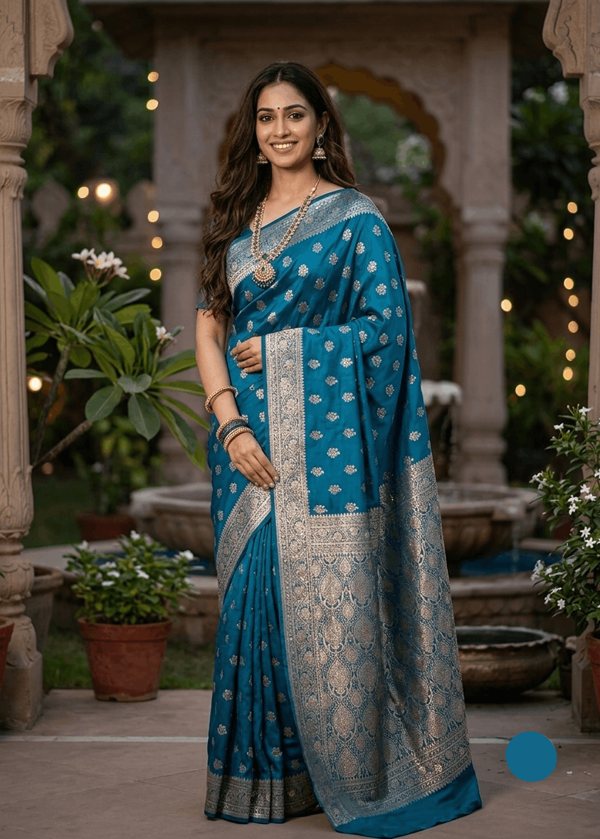 Teal Blue Floral Buti Banarasi Silk Saree with heavy golden zari pallu draped elegantly on model