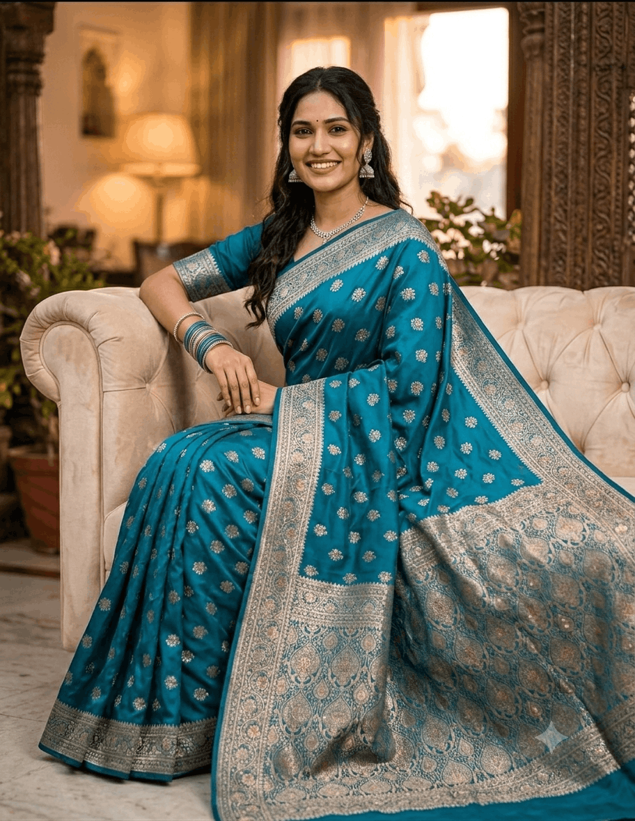 Teal Blue Floral Buti Banarasi Silk Saree with heavy golden zari pallu draped elegantly on model