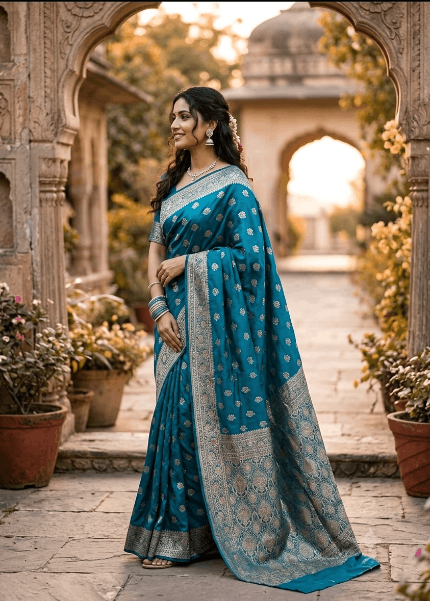 Teal Blue Floral Buti Banarasi Silk Saree with heavy golden zari pallu draped elegantly on model