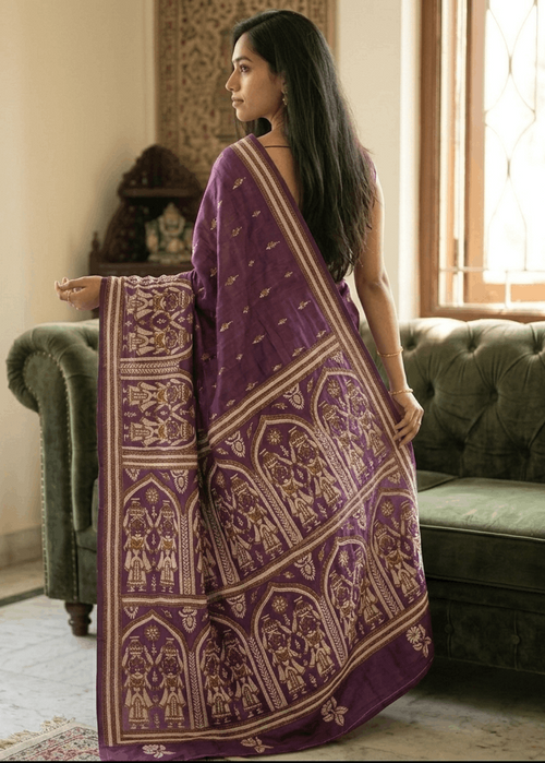 JamuniVaibhav Kantha Stitch Saree in royal jamuni purple with intricate handcrafted heritage motifs, artistic embroidered pallu, and elegant Bengal handloom detailing ideal for festive and traditional occasions.