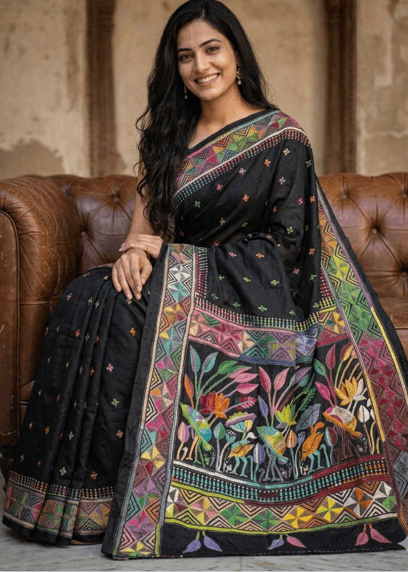 Elegant black Chitralekha Kantha Saree featuring intricate multicolour handcrafted floral embroidery with artistic geometric border detailing. Premium Bengal handloom saree ideal for festive occasions, cultural events, office elegance, and timeless ethnic wear.