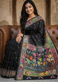 Elegant black Chitralekha Kantha Saree featuring intricate multicolour handcrafted floral embroidery with artistic geometric border detailing. Premium Bengal handloom saree ideal for festive occasions, cultural events, office elegance, and timeless ethnic wear.