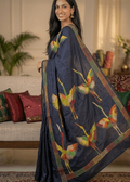 Navy blue Kantha saree with colourful bird embroidery and handcrafted design 