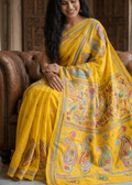 Elegant yellow SvarnaRang Kantha Saree featuring intricate multicolour handcrafted paisley and floral embroidery with detailed artistic pallu work. Premium Bengal handloom saree ideal for festive occasions, Puja celebrations, weddings, and elegant ethnic styling.