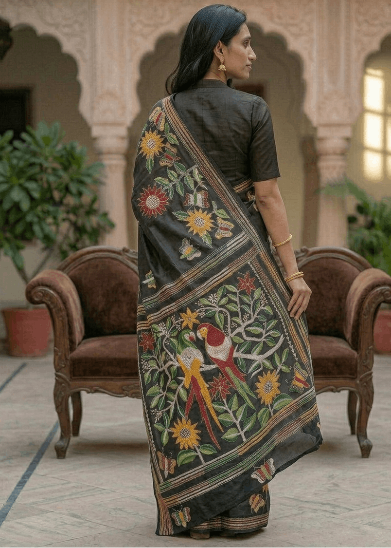 Premium handcrafted Kantha saree with nature motifs for festive wear