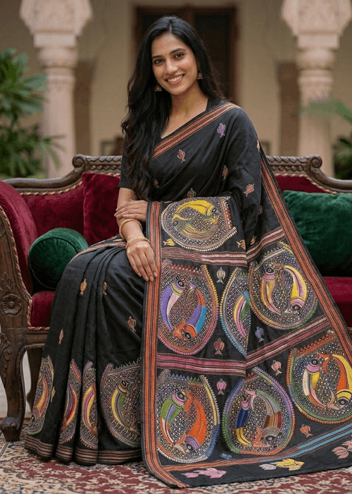 Black color Handloom Kantha saree from West Bengal with multicolor circular fish embroidery