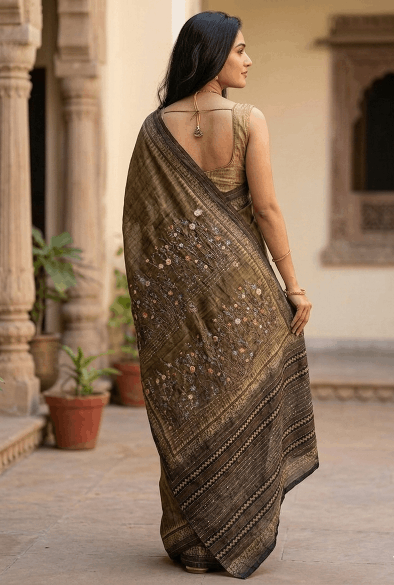 Woman wearing handcrafted Kantha saree in earthy tones with detailed threadwork 