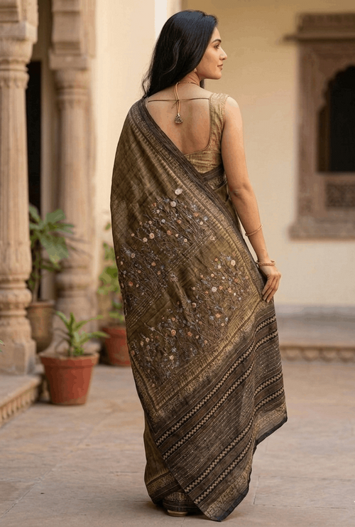 Woman wearing handcrafted Kantha saree in earthy tones with detailed threadwork 