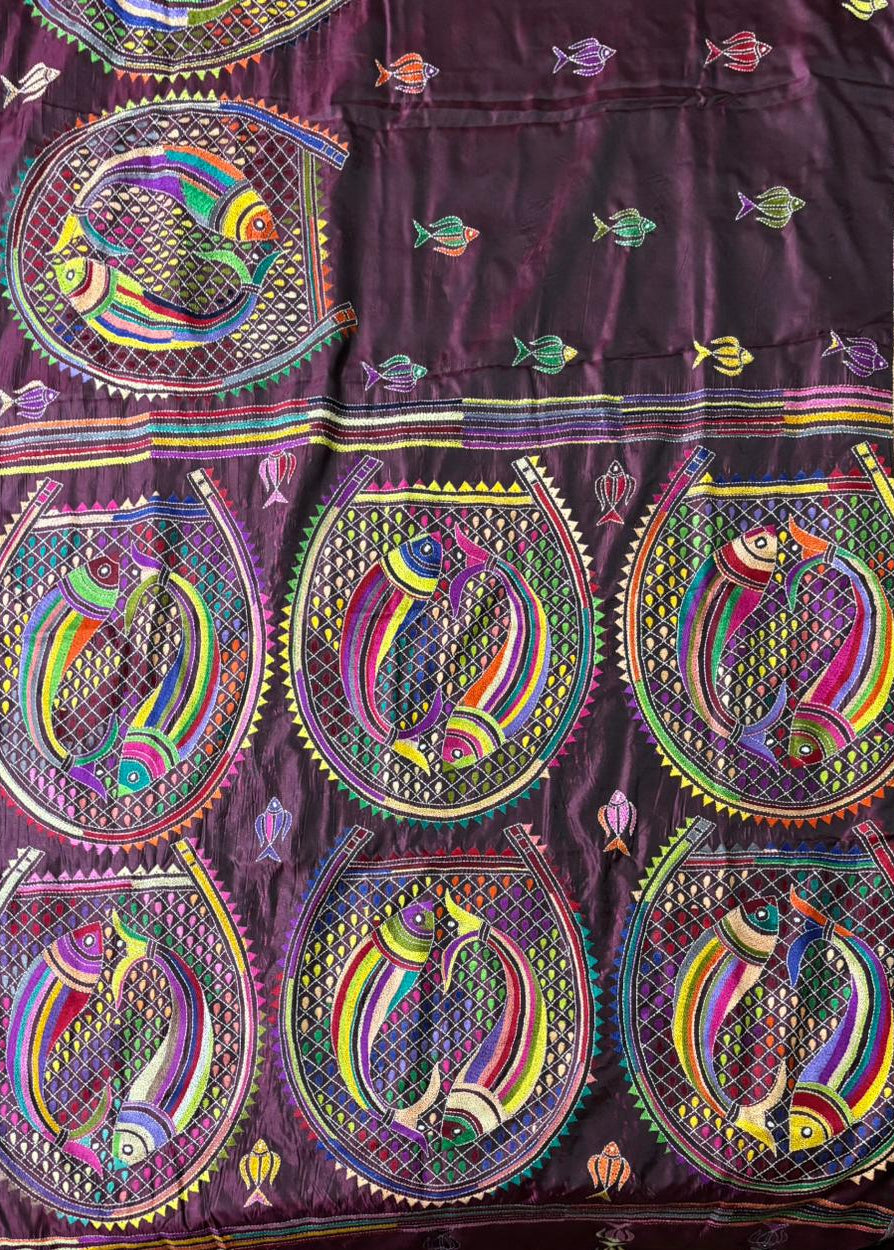 Premium handcrafted Kantha saree with vibrant fish design for festive wear 