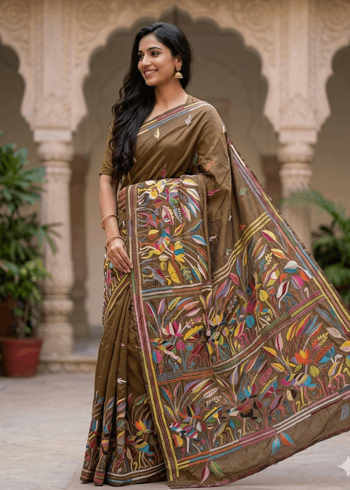 Olive brown Kantha saree with multicolour floral embroidery and handcrafted design 