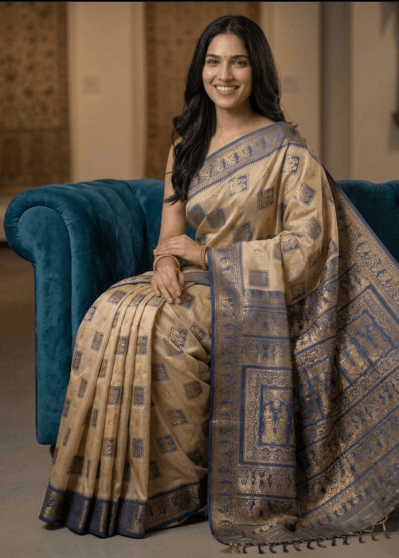 A woman wearing a beige and blue patterned Baluchari silk saree sits on a teal velvet sofa in an indoor setting.