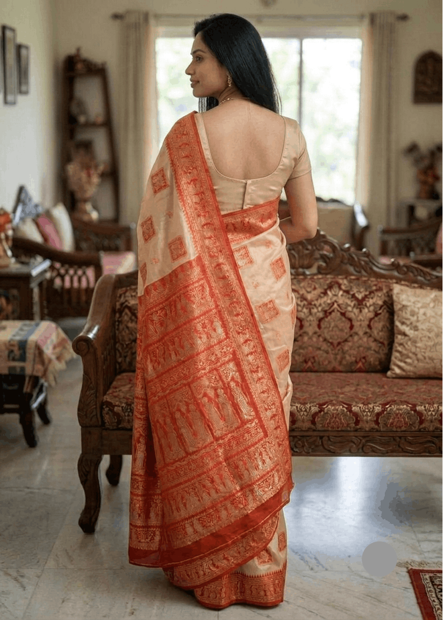 A woman wearing a traditional Indian Baluchari saree, photographed from behind in a decorated indoor room. The saree has a warm beige base with a prominent rust-orange border and intricate woven patterns, paired with a matching beige blouse.