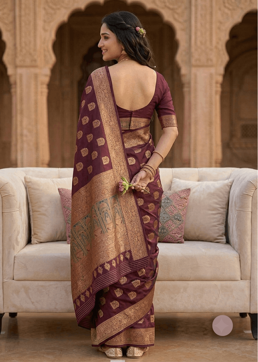 Wine silk saree with zari border and tasseled pallu edge