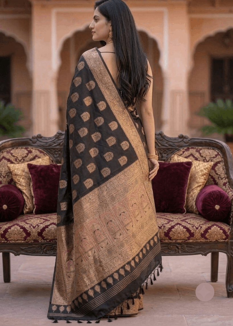 A woman stands with her back to the camera, wearing a black-and-gold Baluchari silk saree, posed in front of an ornate traditional Indian courtyard with carved stone arches and a matching patterned sofa.