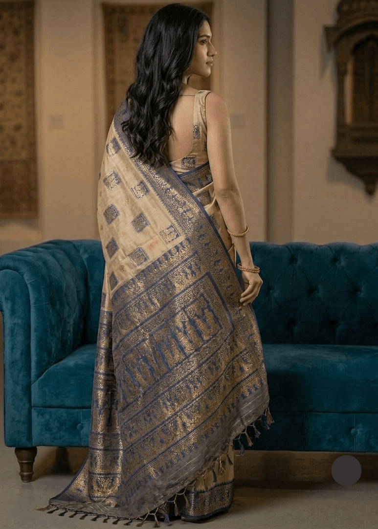 A woman wearing a beige and blue patterned Baluchari saree stands in profile in front of a teal velvet sofa inside a decorated room.