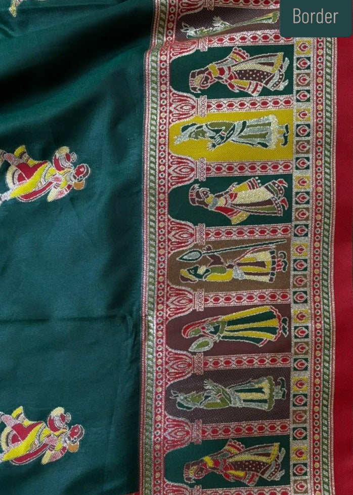 Decorative border with colorful illustrations on a green fabric background