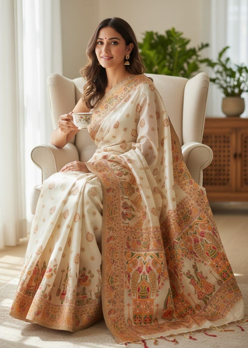 Woman in a traditional Baluchari Saree Sitting on a Sofa holding a cup, with a neutral indoor background.