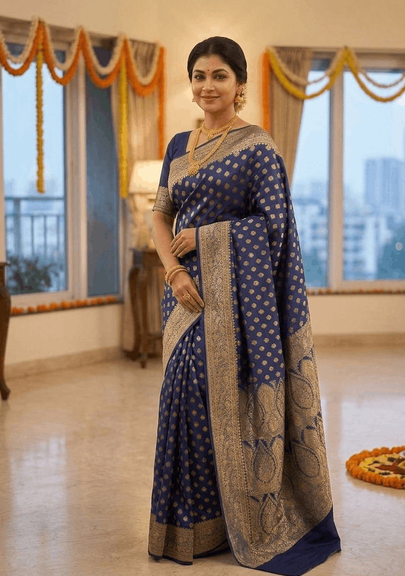 A woman wearing a beautiful navy blue Banarasi Silk Saree with intricate golden zari work