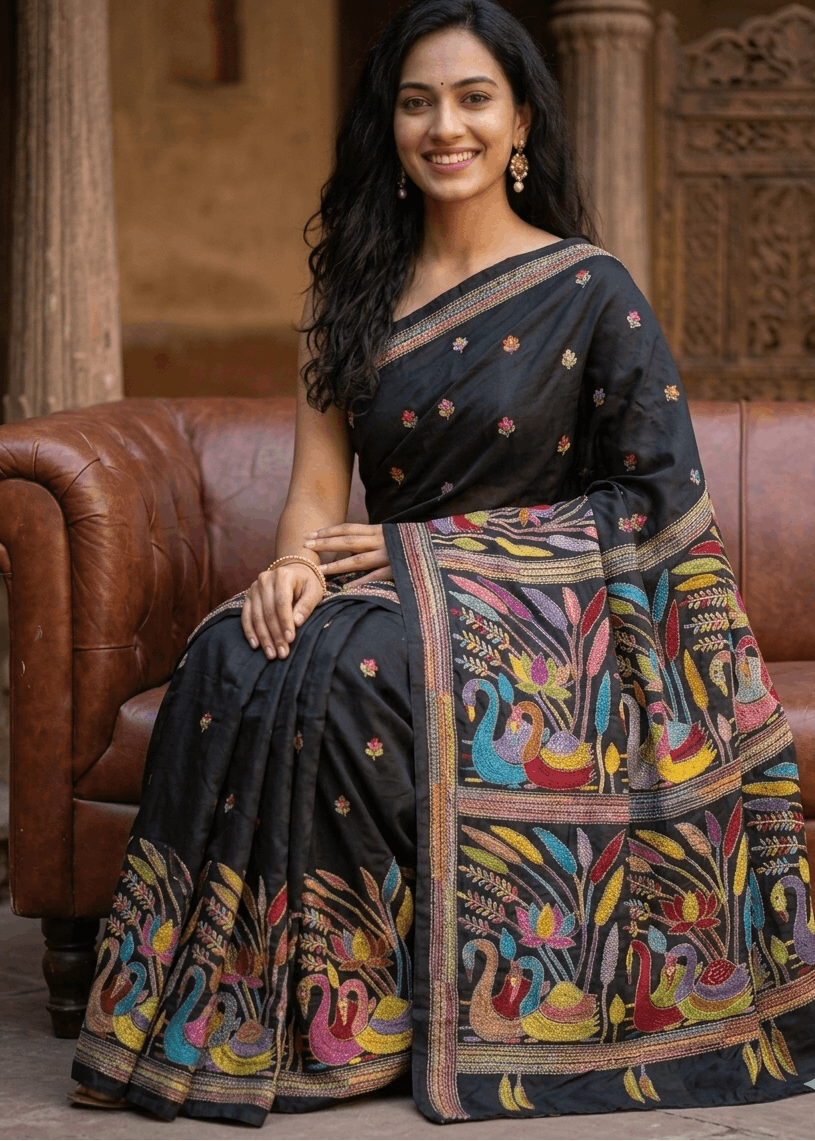 Elegant royal-blue MeghMalhar Kantha Saree featuring intricate multicolour handcrafted floral and folk-art embroidery with artistic pallu detailing. Premium Bengal handloom saree ideal for festive wear, cultural occasions, office elegance, and timeless ethnic fashion.