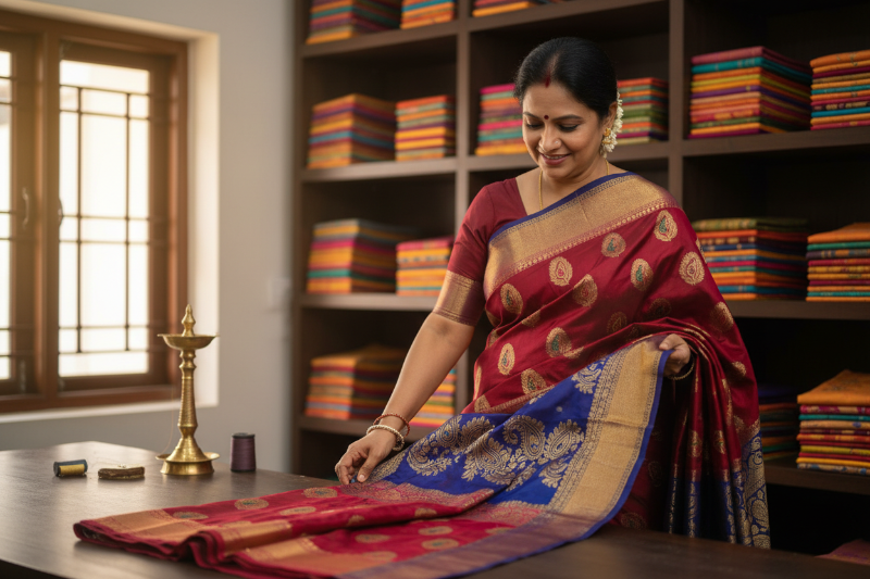 Image displaying mission of a saree selling small business. The businees deals with selling ethnic heritage and tradional sarees. Keep humantouch in the image
