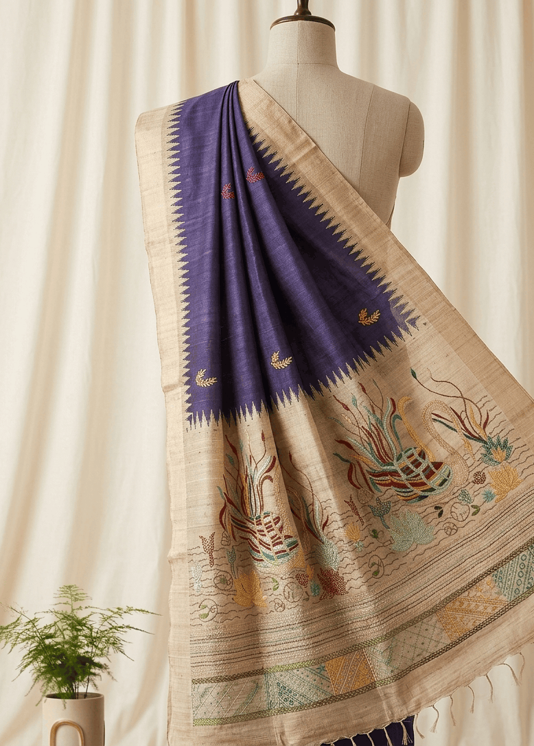 Indigo and beige Boolian Kantha saree with hand-stitched swan and lotus pallu draped on mannequin