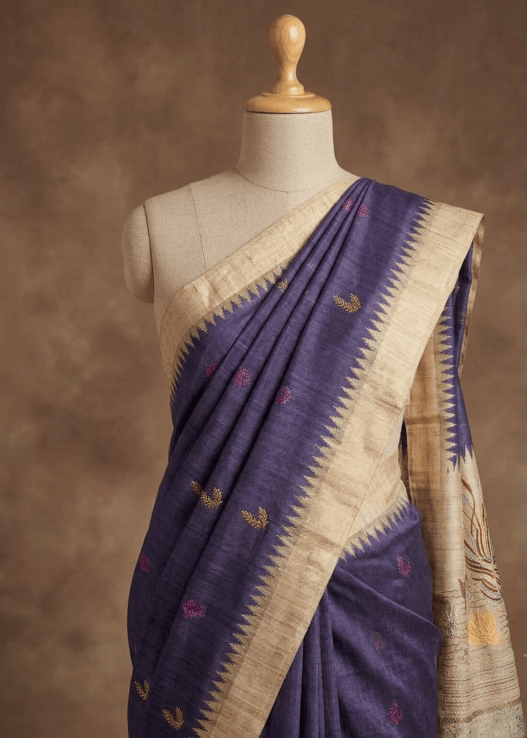 Indigo and beige Boolian Kantha saree with hand-stitched swan and lotus pallu draped on mannequin
