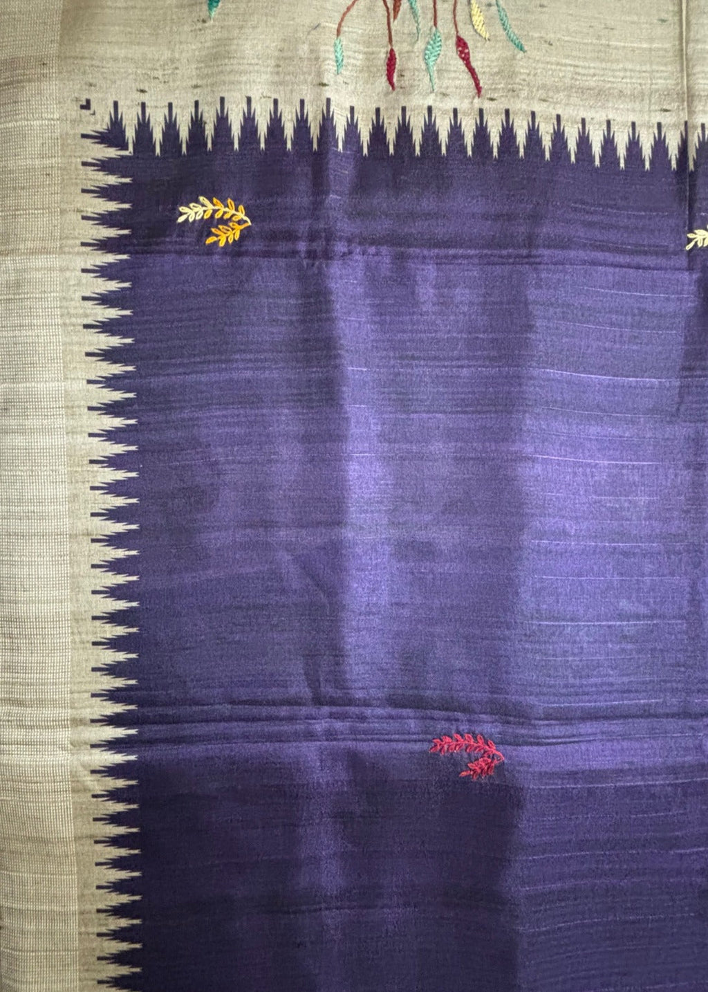 Indigo temple border on natural beige Boolian Kantha saree