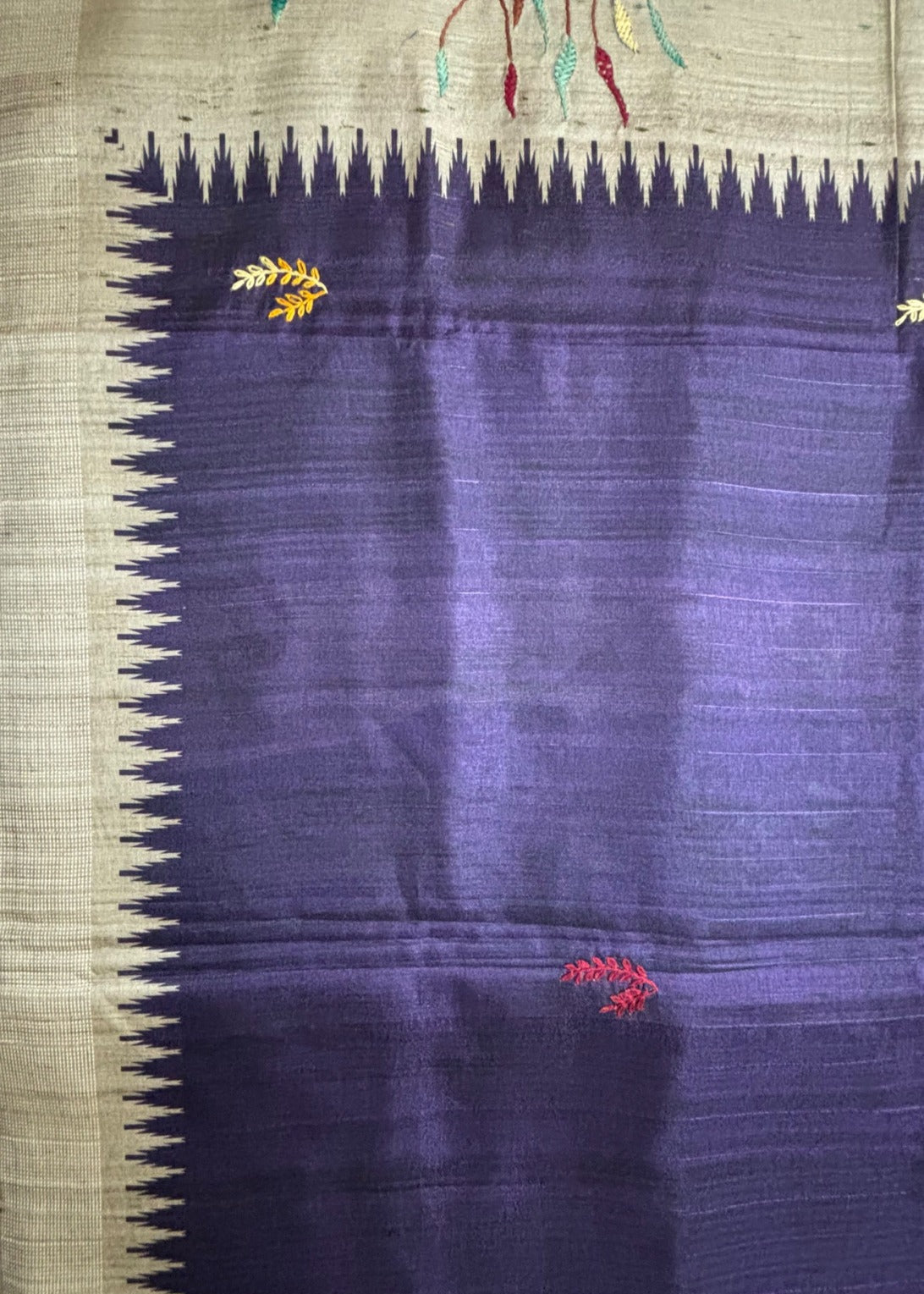 Indigo temple border on natural beige Boolian Kantha saree