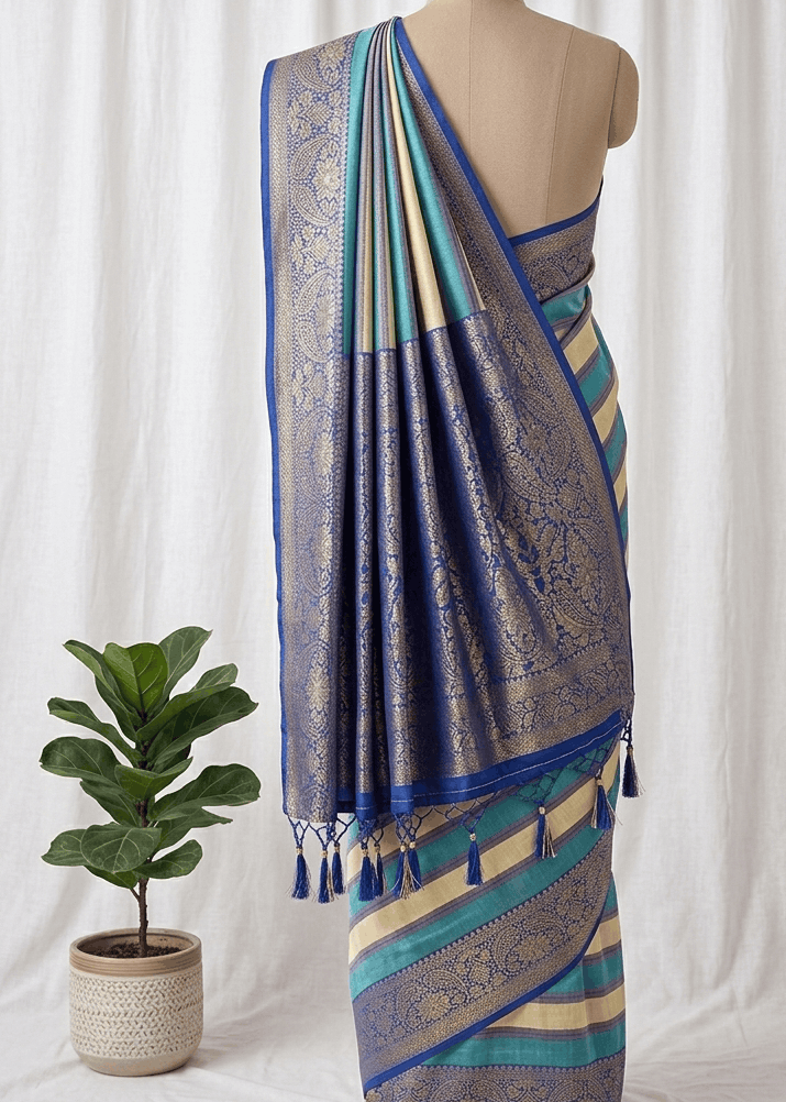A blue and gold brocade saree with teal stripes and tassel borders, displayed on a mannequin torso against a white curtain backdrop, with a potted green plant on the left.
