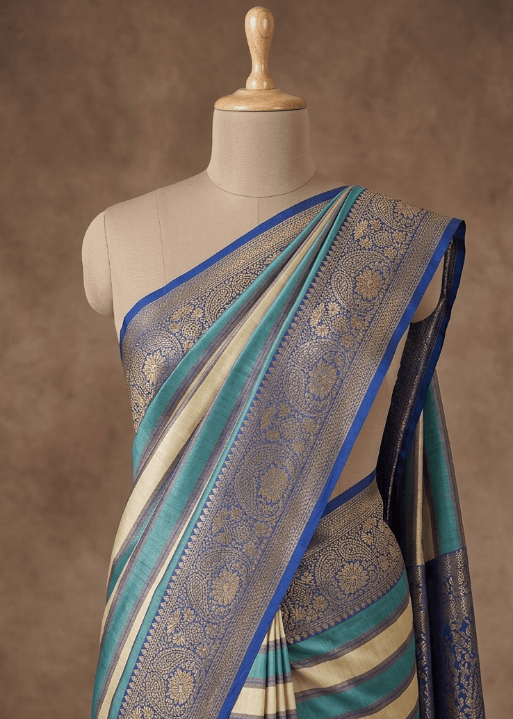 A blue and beige striped silk saree with intricate gold zari brocade patterns, draped elegantly on a cream-colored mannequin torso against a textured brown backdrop.