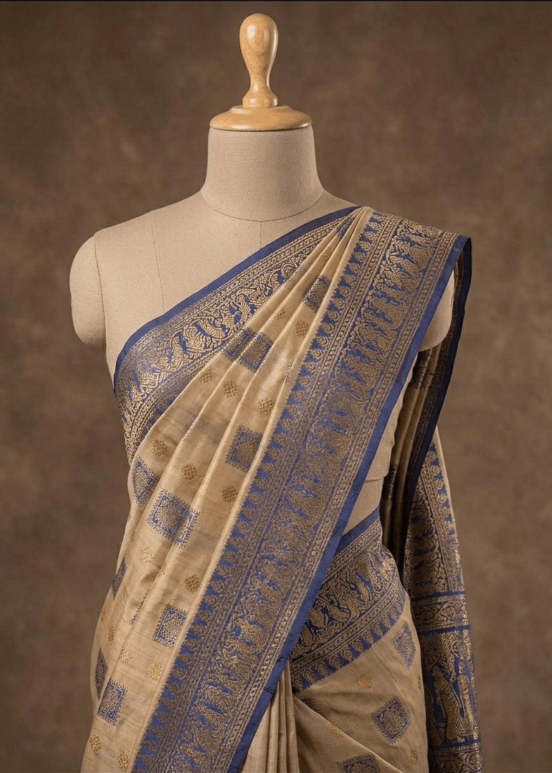 A beige Blue Baluchari saree with a detailed blue and gold zari border, draped on a cream-colored mannequin torso against a textured brown studio background.