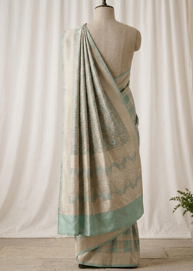 A draped Banarasi saree in beige and mint green with subtle metallic sheen, displayed on a mannequin torso against a cream-colored curtain backdrop with a small potted plant on the side.