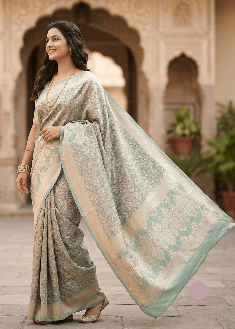 A woman wearing an ivory coloured Banarasi patterned saree, standing in a courtyard with arches and potted plants in the background.