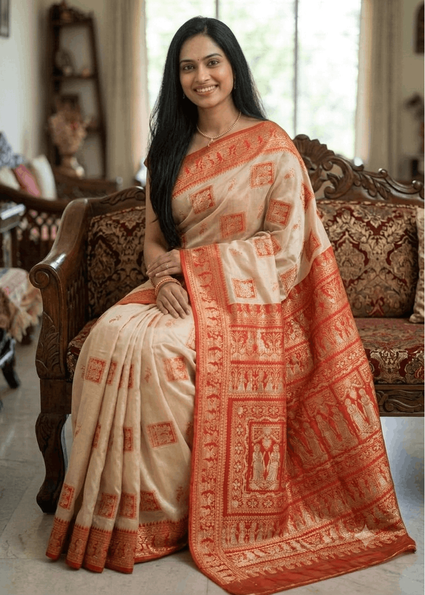 A woman wearing a beige and red patterned Baluchari silk saree, seated on an ornate wooden sofa in a traditional Indian living room.