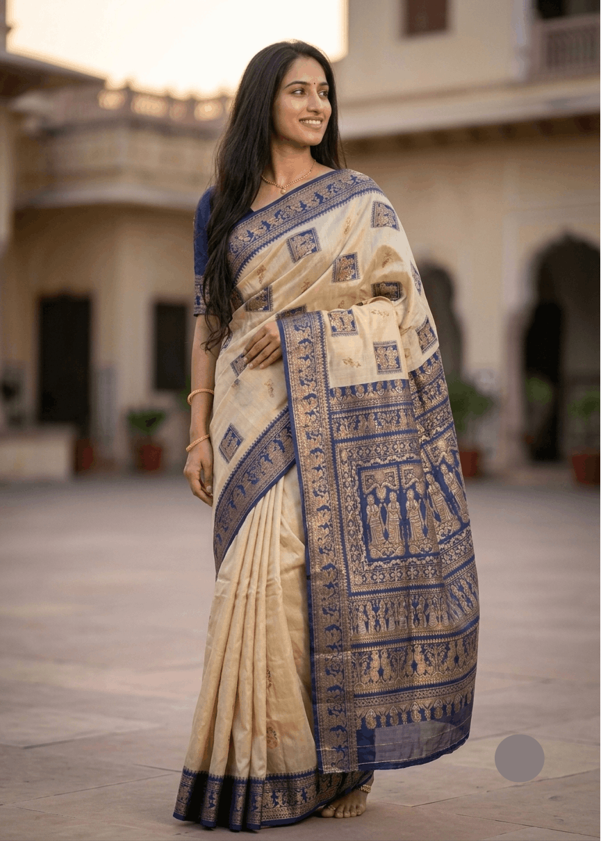 A woman wearing a beige and navy blue patterned Baluchari saree stands in an outdoor courtyard with a blurred architectural background.