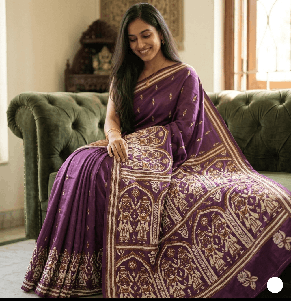 JamuniVaibhav Kantha Stitch Saree in royal jamuni purple with intricate handcrafted heritage motifs, artistic embroidered pallu, and elegant Bengal handloom detailing ideal for festive and traditional occasions.