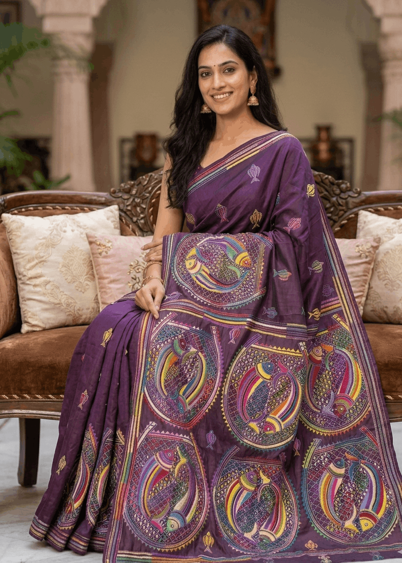 Handloom Kantha saree from West Bengal with circular fish embroidery