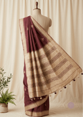 Burgundy and beige Boolian Kantha saree with hand-stitched floral vine pallu and temple border