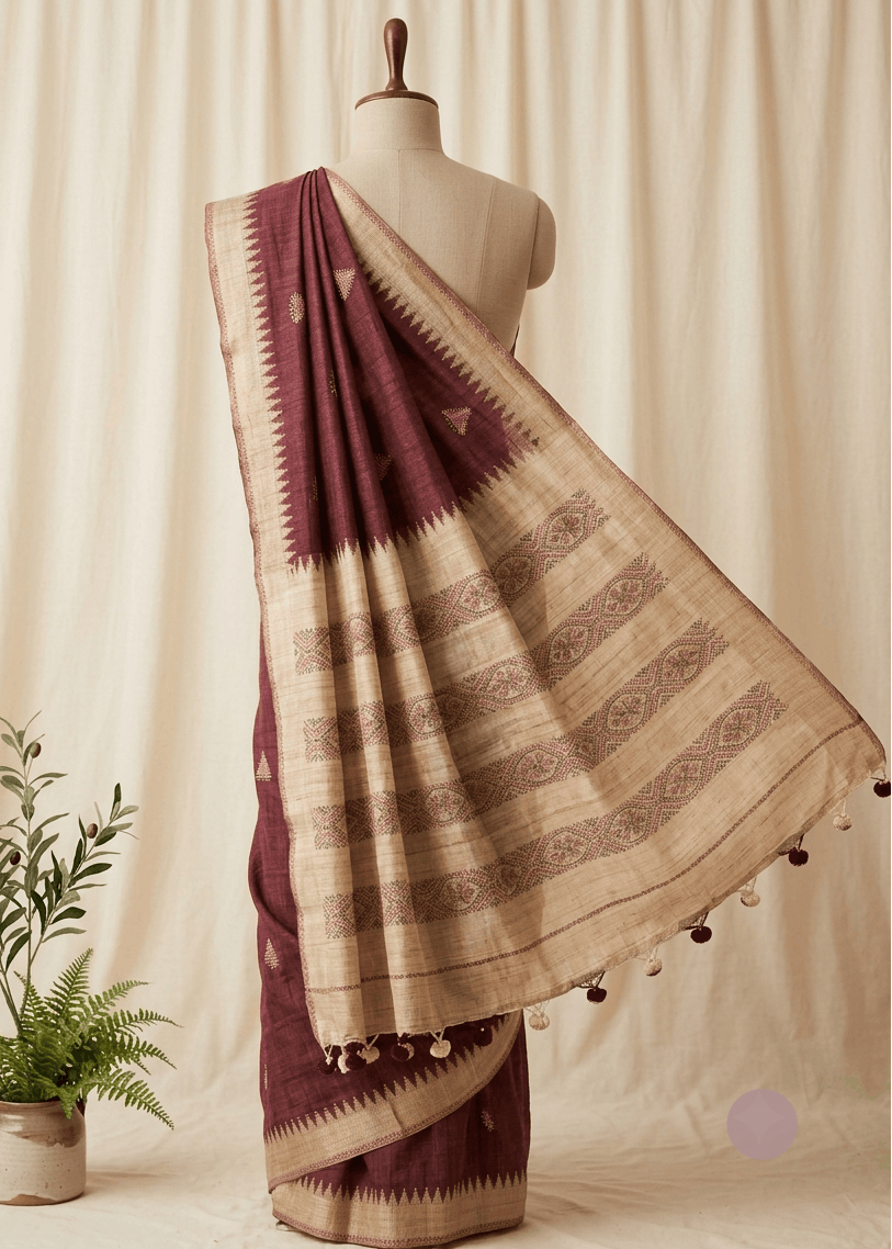 Burgundy and beige Boolian Kantha saree with hand-stitched floral vine pallu and temple border