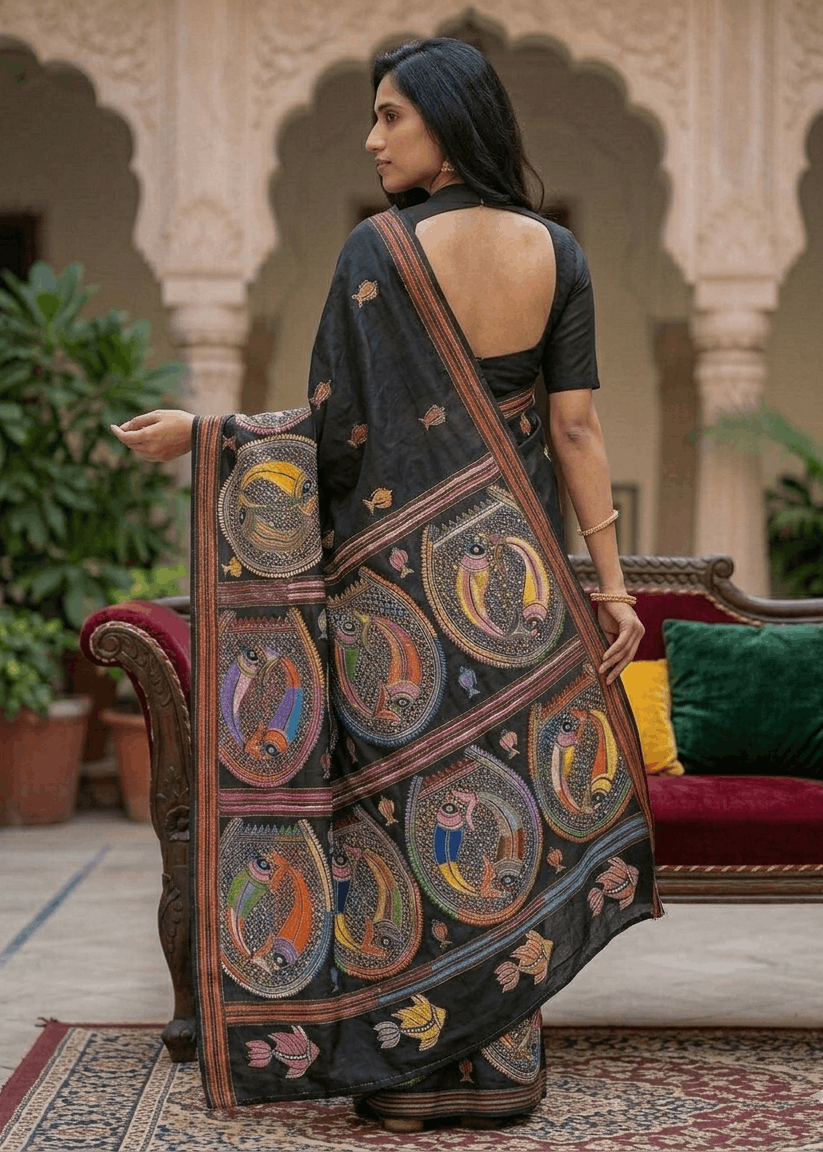 Premium black saree with colorful Matsya motifs and Kantha stitching