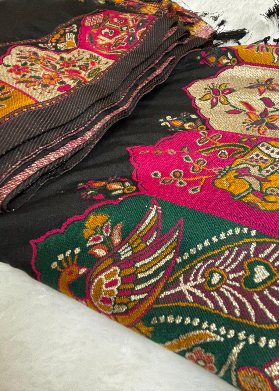 Embroidered fabric with colorful patterns on a white surface