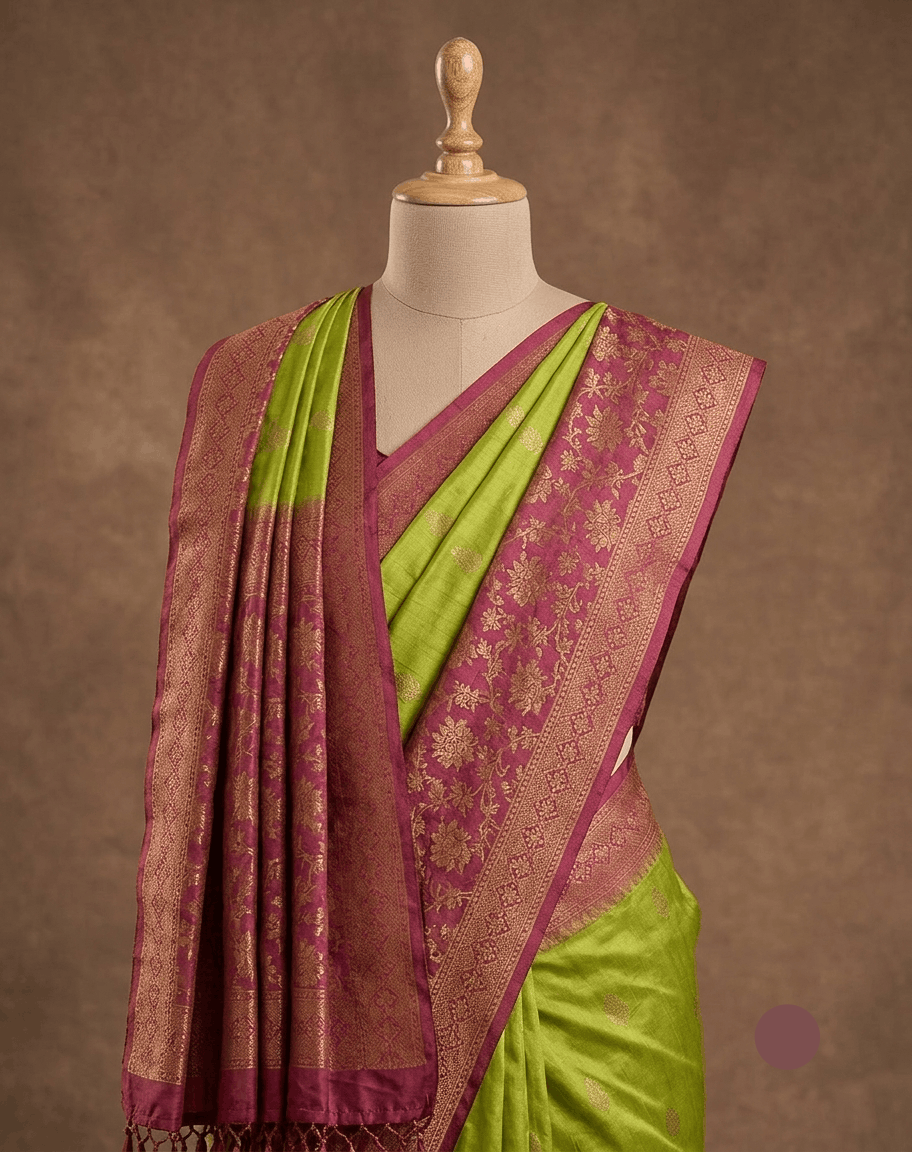 A green and magenta silk saree with gold zari embroidery, displayed on a mannequin against a textured brown backdrop.